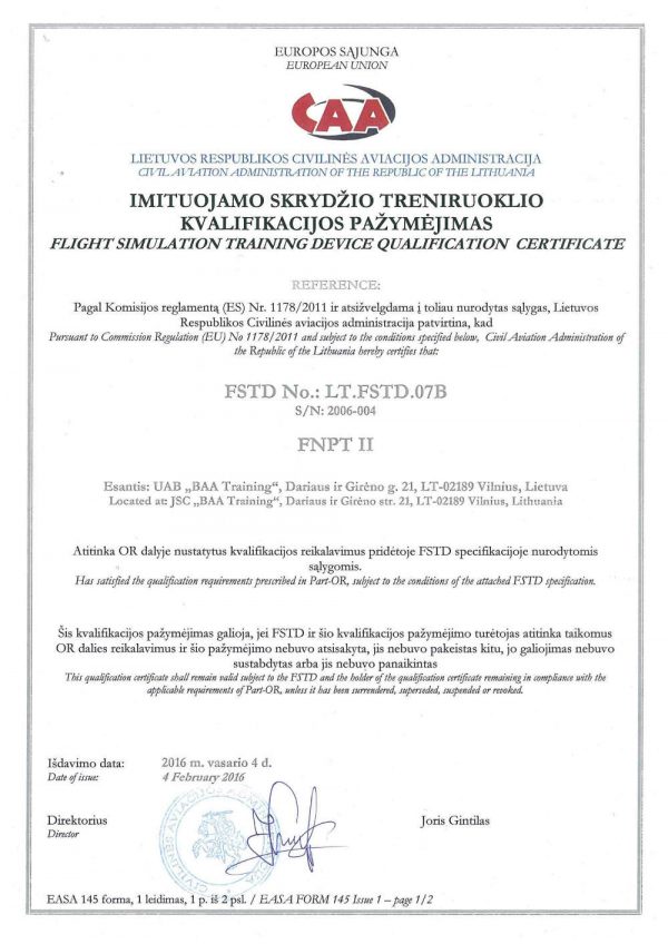 EASA FNPTII compliance certificate